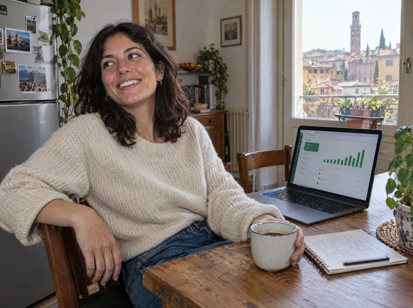 Una freelance al tavolo della cucina, sorridente davanti al conto in banca